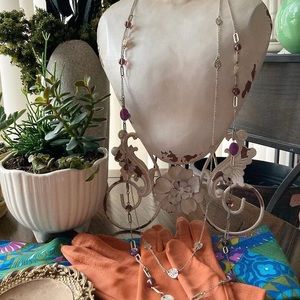 Double Layer Silver Necklace with Purple and Shell Beads